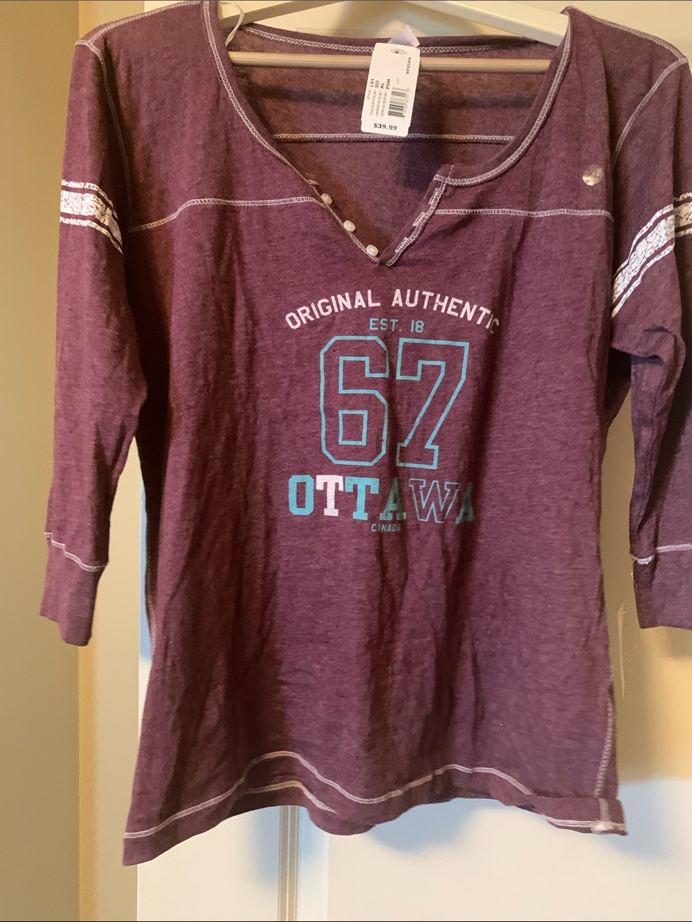 MV Sport Women's Long Sleeve Tee in Plum with Teal Print